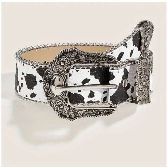 Trendy Cow Print PU Leather Belt Western Carved Classic Hip Hop Cowgirl Boho - Picture 1 of 3